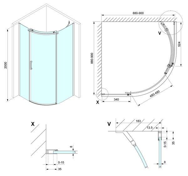 Polysan Polysan, paravan de duș THRON SQUARE cu sfert de cerc 900x900mm, sticlă transparentă, dreapta, TL2690R-5002
