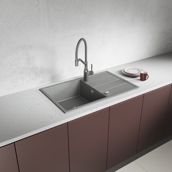 Laveo Wolin, chiuvetă din granit cu 1 compartiment 780x480x185 mm, gri închis (Volcano), LAV-SPW_V11T