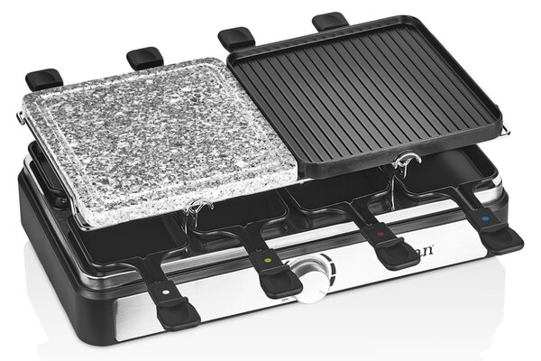 Gratar electric cu raclette Zilan ZLN8863, placa de piatra si placa de aluminiu, putere 1400 W, Gri