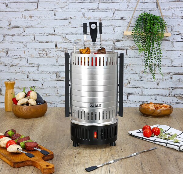 Gratar vertical Zilan ZLN5565 argintiu, putere 900W, rotatie automata, 5 bete pentru frigarui