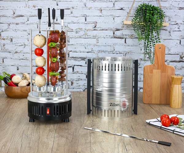 Gratar vertical Zilan ZLN5565 argintiu, putere 900W, rotatie automata, 5 bete pentru frigarui