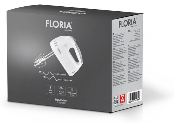 Mixer de mana Floria ZLN7565, ALB Putere 100 W, 7 viteze, Buton eliberare accesorii