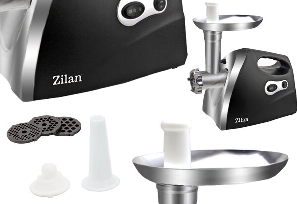 Masina de tocat carne ZILAN ZLN7599,Negru 1200W, Tava si panou inox, Accesorii umplut carnati, Functie revers, 1.6kg min