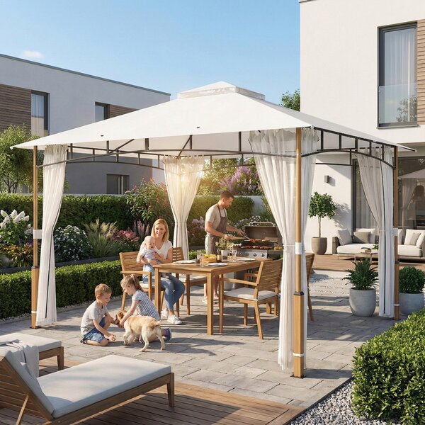 Outsunny Foișor 3 x 3.6 m, Acoperiș Dublu UPF50+ cu Plasă, Crem | Aosom Romania