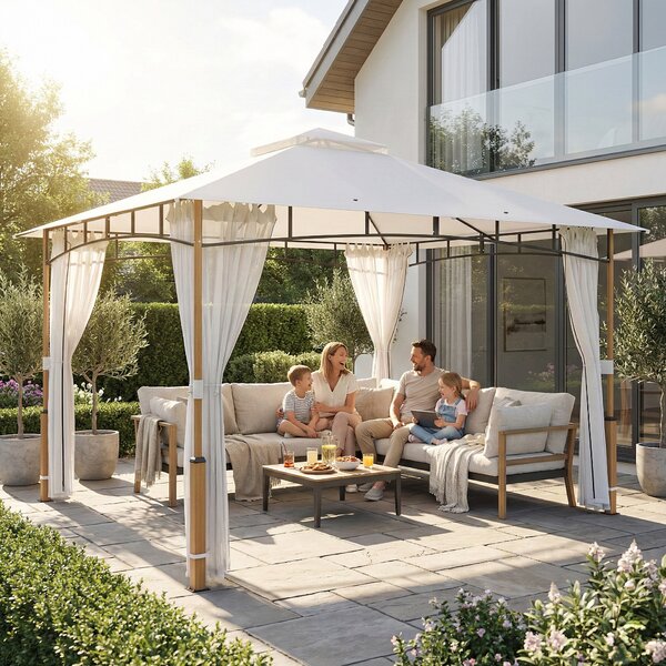 Outsunny Foișor 3 x 3.6 m, Acoperiș Dublu UPF50+ cu Plasă, Crem | Aosom Romania