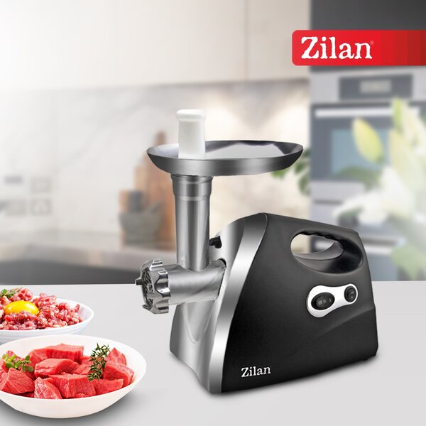 Masina de tocat carne ZILAN ZLN7599,Negru 1200W, Tava si panou inox, Accesorii umplut carnati, Functie revers, 1.6kg min