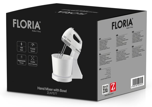 Mixer cu bol Floria ZLN7577 ALB, 7 viteze, Bol plastic 2 Litri, Putere 150W, ALB