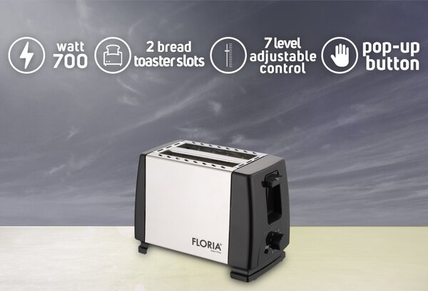 Prajitor de paine Floria ZLN1840 Negru Inox, 700W, 7 nivele de control al temperaturii, buton de oprire