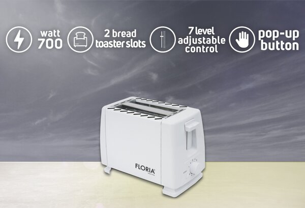Prajitor de paine Floria ZLN1833 Alb, 700W, 7 nivele de control al temperaturii, buton de oprire