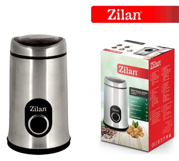 Rasnita cafea electrica, Zilan ZLN8013,Argintiu Negru 150 W, inox, cutite macinare otel inoxidabil