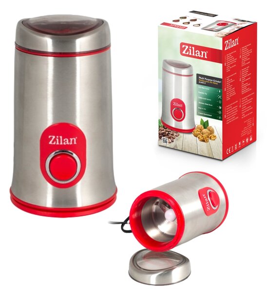 Rasnita cafea electrica, Zilan ZLN8012,Argintiu Rosu 150 W, inox, cutite macinare otel inoxidabil