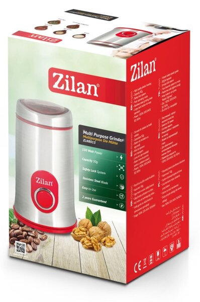 Rasnita cafea electrica, Zilan ZLN8012,Argintiu Rosu 150 W, inox, cutite macinare otel inoxidabil