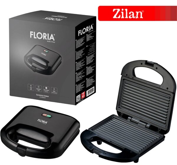 Sandwich Maker Floria ZLN0829, Putere 750W, Placa de tip grill, Antiaderenta, indicator luminos, Negru