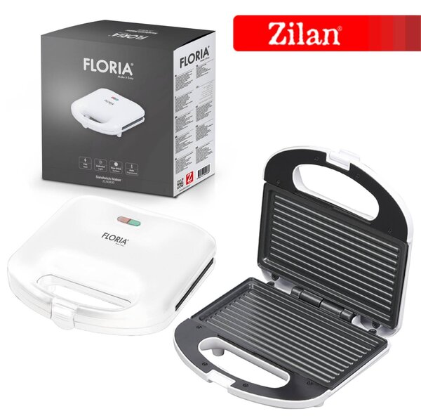 Sandwich Maker Floria ZLN0830 Alb, Putere 750W, Placa de tip grill, Antiaderenta, indicator luminos