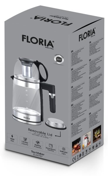 Set fierbator electric+ceainic Floria ZLN1757 cu infuzor pentru ceai, Putere 1500W, Capacitate 1.8L+1.2L, Sticla