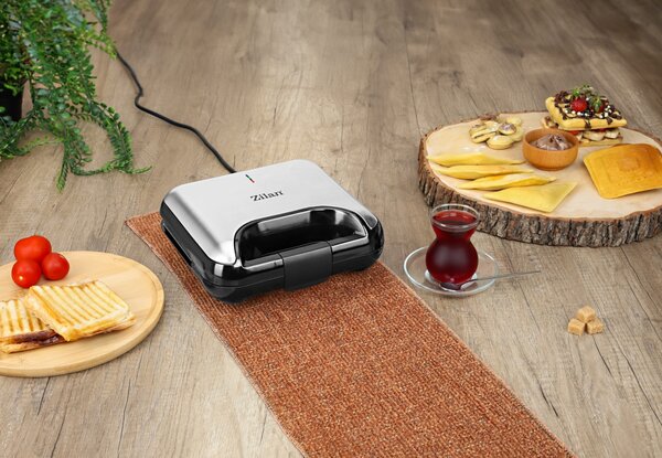 Sandwich-maker ZILAN 5 in 1 ZLN3932, Negru Inox 800 W, 5 tipuri de placi grill, triunghi, sandwich, waffle, nuci