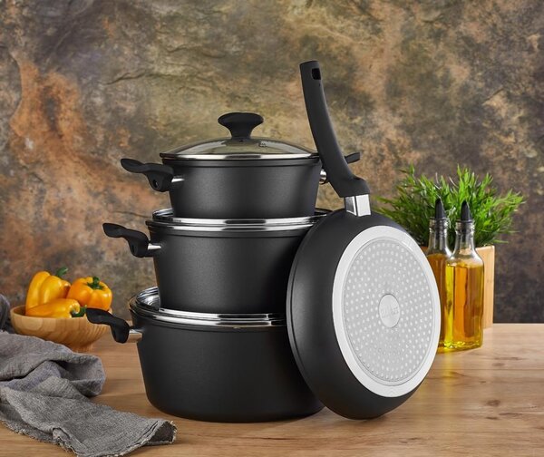 Set oale aluminiu 7 piese Zilan ZLN3277, Strat interior neaderent, Manere ebonita, Capace sticla termorezistenta
