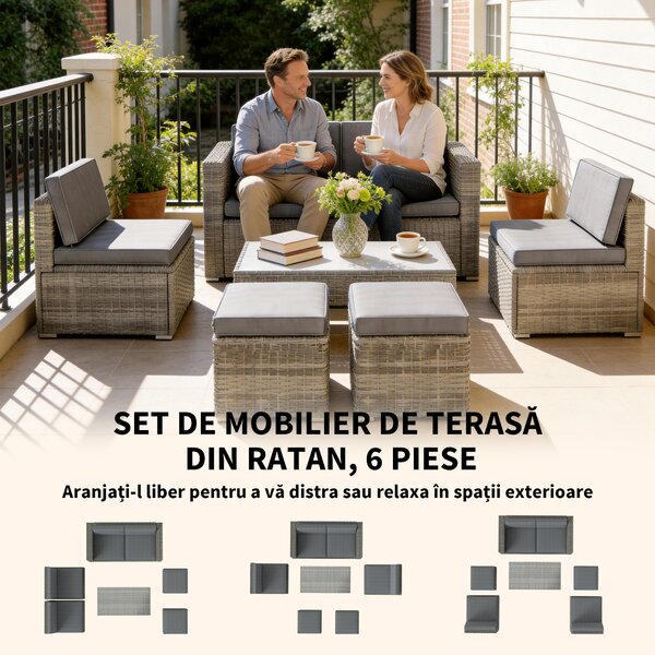 Outsunny Set de Grădină din Ratan 6 Locuri, Design Compact, Gri Închis | Aosom Romania