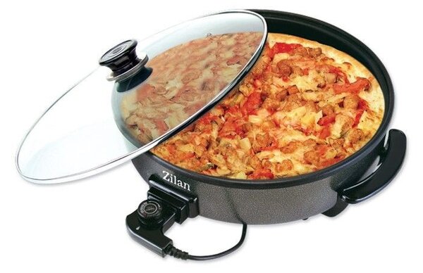 Tigaie electrica rotunda ZİLAN ZLN7870, pizza grill, diametru 38 cm, 1500 W, capac sticla, material non stick