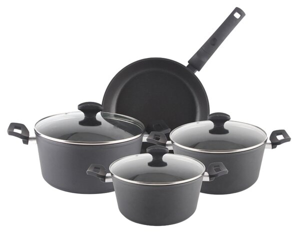 Set oale aluminiu 7 piese Zilan ZLN3277, Strat interior neaderent, Manere ebonita, Capace sticla termorezistenta