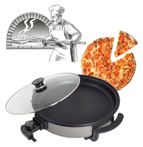 Tigaie electrica rotunda Floria ZLN4957, pizza grill, diametru 36 cm, 1500 W, capac sticla