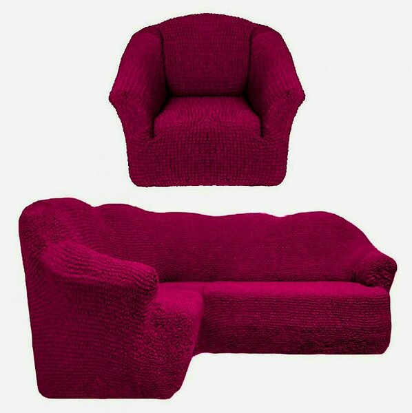 Set Huse elastice si creponate pentru coltar + fotoliu, fara volanas, culoare Bordo
