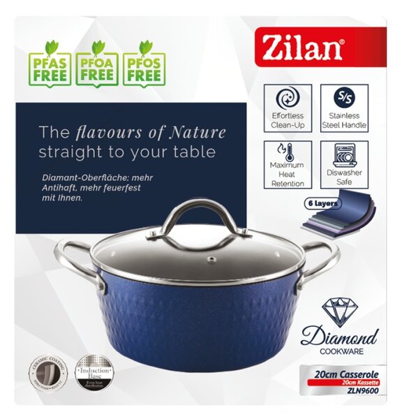 Oala cu capac Zilan ZLN9600 diamond, cu baza de inductie, ceramica si inox, usor de spalat, 20 cm,2.1L