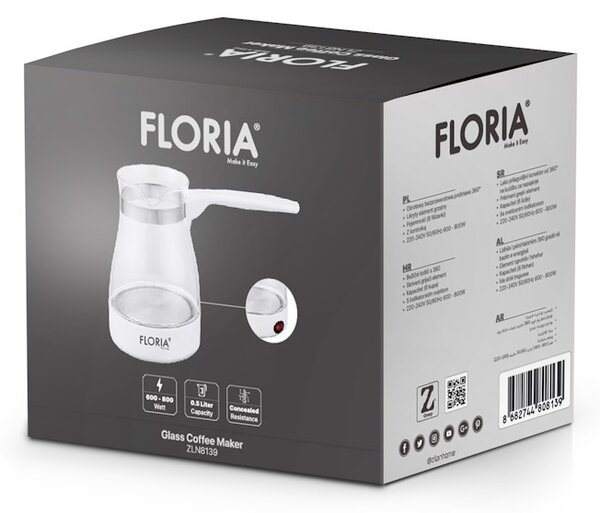 Ibric electric Floria ZLN8139 Alb, carcasa din sticla, capacitate de 0.5 Litri, putere 800W