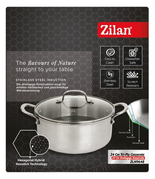 Oala Zilan ZLN9648 cu capac, tri-ply, inox, antiaderent, protectie la zgarieturi, usor de spalat, 24 cm,4.3L