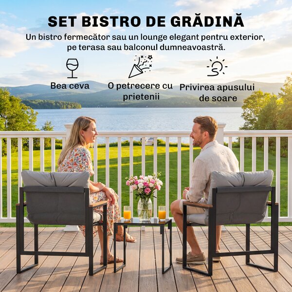 Outsunny Set Bistro pentru 2 Persoane, Set din 3 Piese pentru Grădină cu Cadrul din Metal și Perne Groase | Aosom Romania