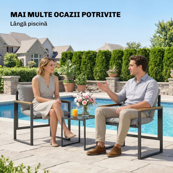Outsunny Set Bistro pentru 2 Persoane, Set din 3 Piese pentru Grădină cu Cadrul din Metal și Perne Groase | Aosom Romania