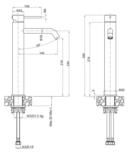Sapho Minimal, baterie lavoar cu piedestal, 300 cm, oțel, MI506