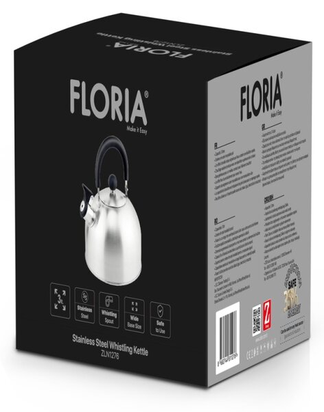 Ceainic din inox cu fluier Floria ZLN1276, Exterior polishat, Compatibil gaz, electric inductie, Capacitate 3L