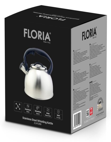 Ceainic din inox cu fluier Floria ZLN1269, Exterior polishat, Compatibil gaz, electric inductie, Capacitate 3L