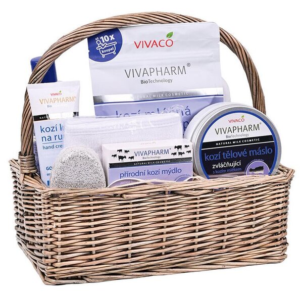 Coș cadou din răchită cu produse cosmetice din lapte de capră