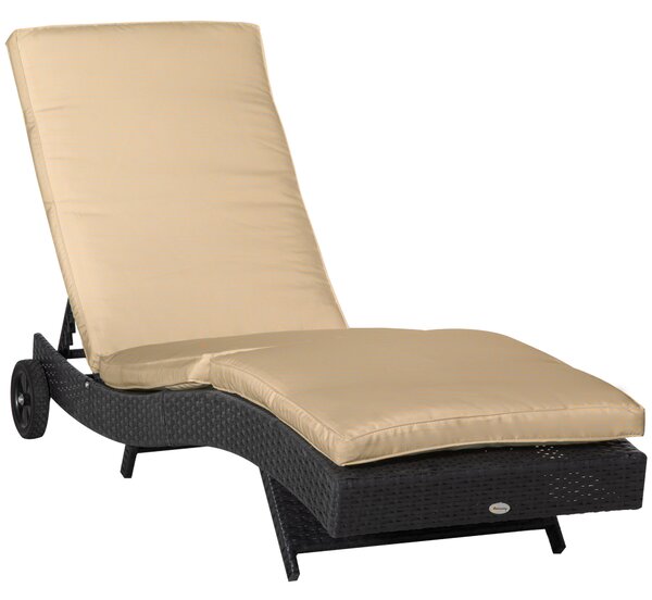 Outsunny Șezlong de Grădină din Ratan PE Negru cu Spătar Reglabil și Pernă Captușită pentru Relaxare Optimală 207x70x70cm | Aosom Romania