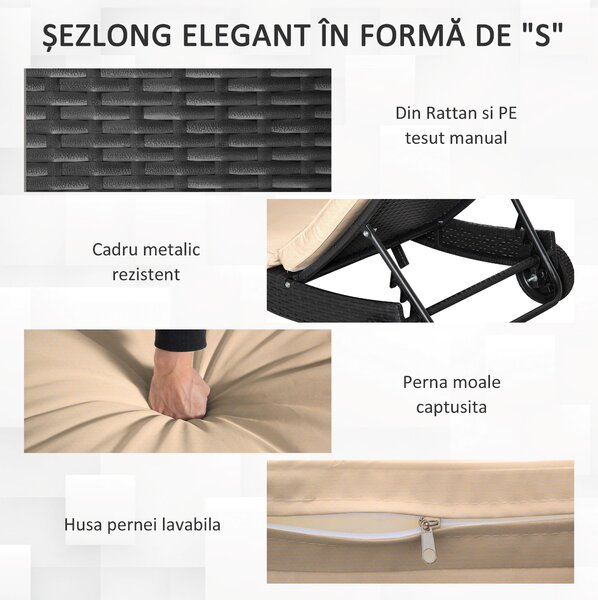 Outsunny Șezlong de Grădină din Ratan PE Negru cu Spătar Reglabil și Pernă Captușită pentru Relaxare Optimală 207x70x70cm | Aosom Romania