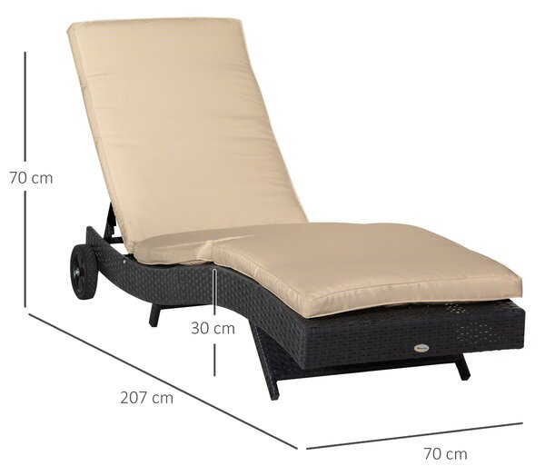 Outsunny Șezlong de Grădină din Ratan PE Negru cu Spătar Reglabil și Pernă Captușită pentru Relaxare Optimală 207x70x70cm | Aosom Romania