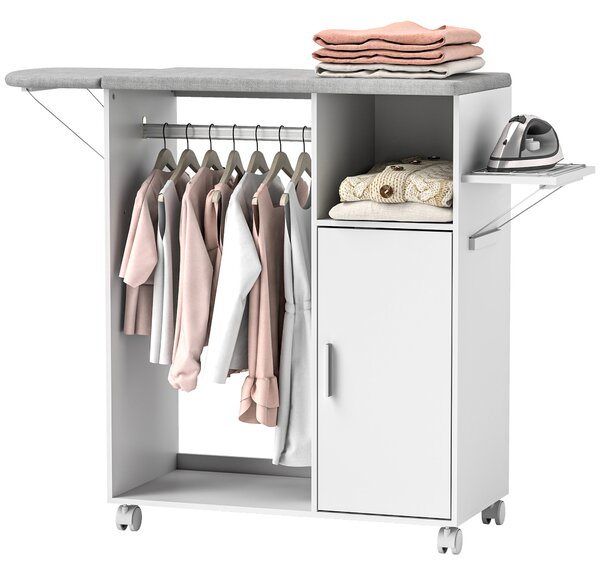 HOMCOM Dulap Multifuncțional cu Masă de Călcat | Blat din Tesatura Efect In | 3 Rafturi | Ghidaj pentru Agățat | 127x42.5x99 cm | Alb | Aosom Romania