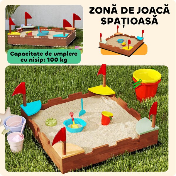 AIYAPLAY Lădiță Nisip Castel Copii Scaune 90x90x17 Maro | Aosom Romania