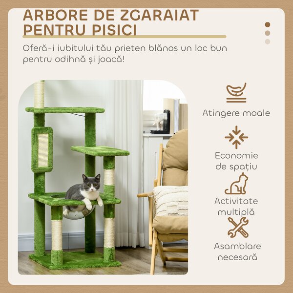 PawHut Ansamblu de Joacă pentru Pisici Multietajat cu Hamac, Stâlp de Zgâriat și Minge, 49x49x142 cm, Verde | Aosom Romania