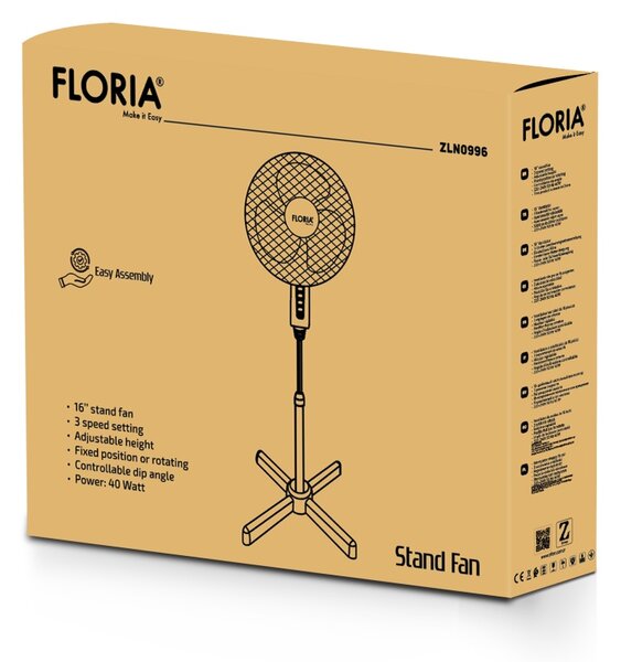 Ventilator cu picior FLORIA ZLN0996 - 40W, 16 inch, 3 viteze, inaltime reglabila