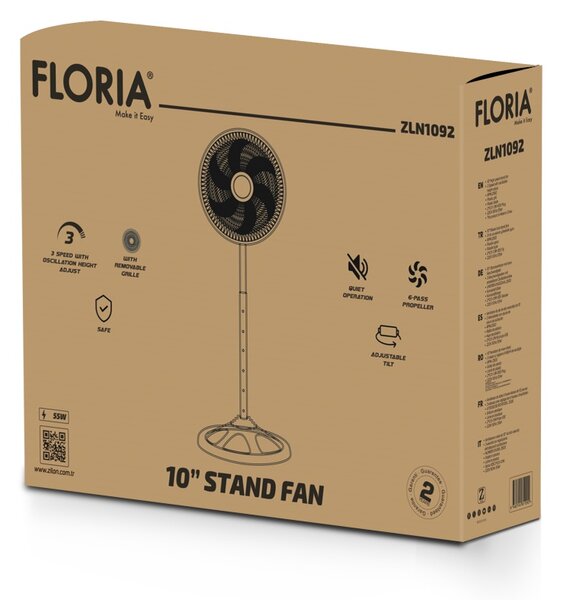 Ventilator cu picior FLORIA ZLN1092 - 55W, 2500 RPM, 3 viteze, inaltime reglabila
