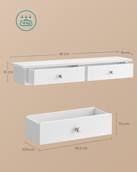 Raft de perete cu două sertare cu acoperire lucioasă, alb 65x15x10cm