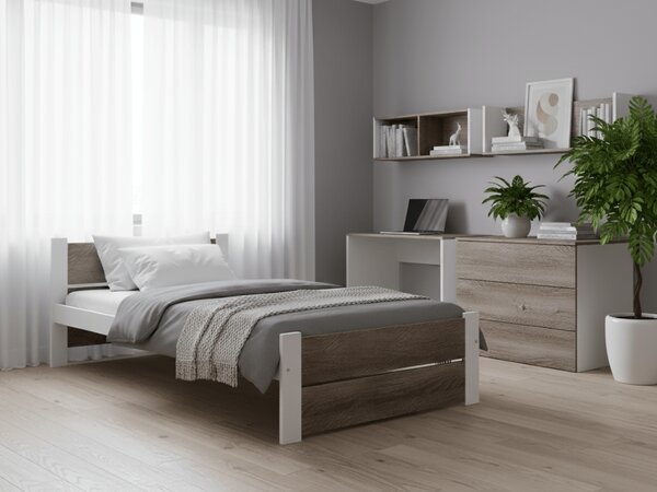 Pat de o persoana IKAROS DOUBLE 90 x 200 cm, alb/stejar trufa Saltele: Fara saltea, Somiera pat: Cu lamele drepte