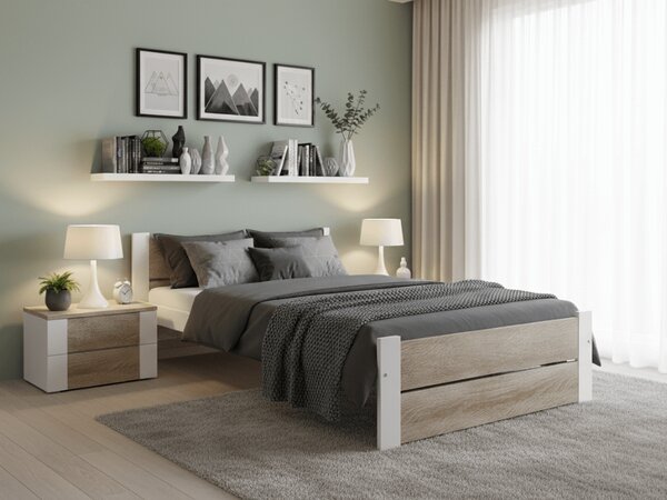 Pat de o persoana stejar sonoma/alb, IKAROS DOUBLE 90 x 200 cm Saltele: Fara saltea, Somiera pat: Cu lamele drepte