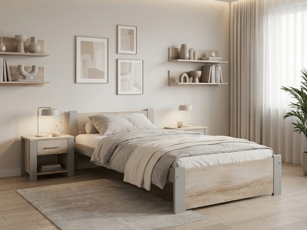 Pat de o persoana IKAROS 90 x 200 cm, stejar sonoma/gri Saltele: Cu saltele Deluxe 10 cm, Somiera pat: Cu lamele drepte