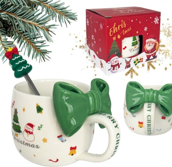 Cană ceramică, de Crăciun, cu fundă verde și linguriță, 400ml, KB25ZIE, eCarla