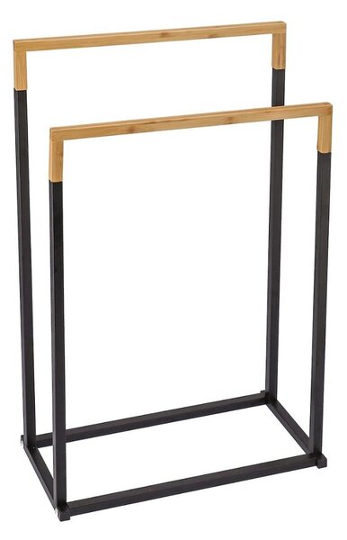 Suport prosoape Jumi, pe două rânduri, metal și bambus, negru și maro, 76x45x22 cm