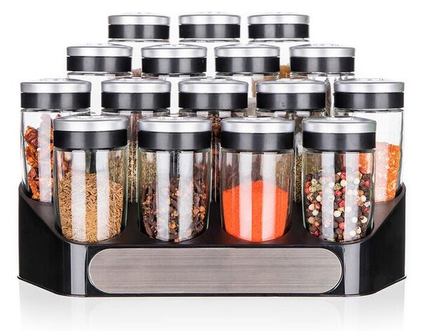 Set recipiente mirodenii ALTIMA cu suport negru, 17 piese